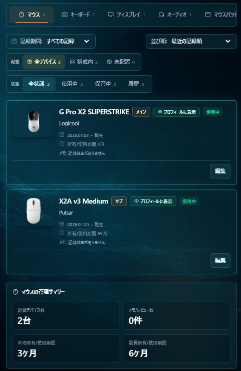 GearMetaのスマホ画面でマウスカテゴリのデバイス履歴を時系列で管理している例