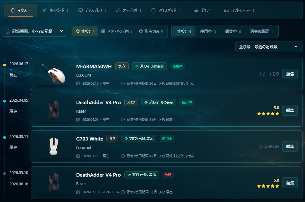 GearMetaでマウスカテゴリのデバイス履歴を時系列で管理している画面